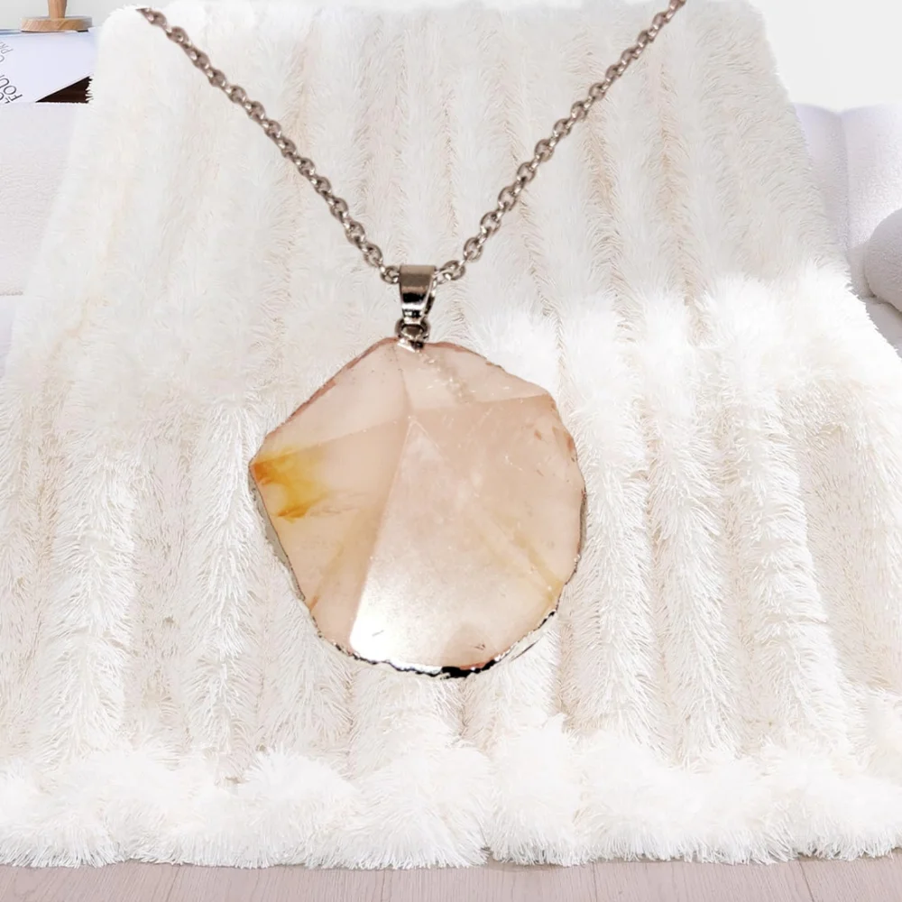 Natural Polished Rose Quartz Pendant Healing Stone. Stainless Steel Necklace